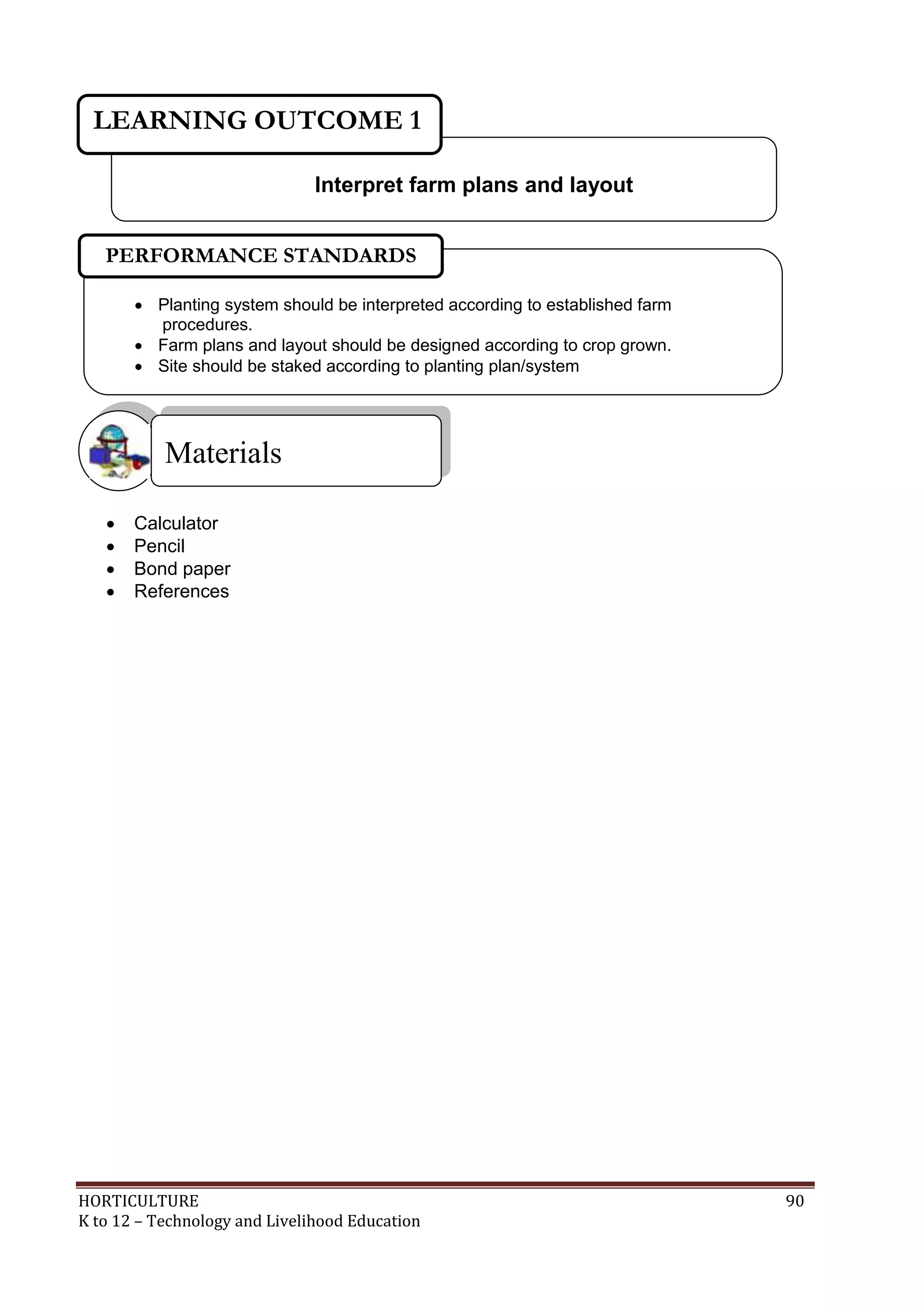 HORTICULTURE 90
K to 12 – Technology and Livelihood Education
 Calculator
 Pencil
 Bond paper
 References
Materials
Interpret farm plans and layout
LEARNING OUTCOME 1
 Planting system should be interpreted according to established farm
procedures.
 Farm plans and layout should be designed according to crop grown.
 Site should be staked according to planting plan/system
PERFORMANCE STANDARDS
 