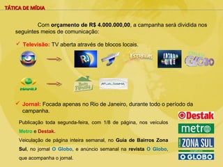 TÁTICA DE MÍDIA


           Com orçamento de R$ 4.000.000,00, a campanha será dividida nos
   seguintes meios de comunicação:

     Televisão: TV aberta através de blocos locais.




    Jornal: Focada apenas no Rio de Janeiro, durante todo o período da
     campanha.

     Publicação toda segunda-feira, com 1/8 de página, nos veículos
     Metro e Destak.
     Veiculação de página inteira semanal, no Guia de Bairros Zona
     Sul, no jornal O Globo, e anúncio semanal na revista O Globo,
     que acompanha o jornal.
 