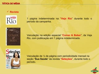 TÁTICA DE MÍDIA


    Revista

                  1 página indeterminada na “Veja Rio” durante todo o
                  período da campanha.




                  Veiculação na edição especial “Comer & Beber”, da Veja
                  Rio, com publicação em 1 página indeterminada.




                  Veiculação de ¼ de página com periodicidade mensal na
                  seção “Sua Saúde” da revista “Seleções”, durante todo o
                  período.
 