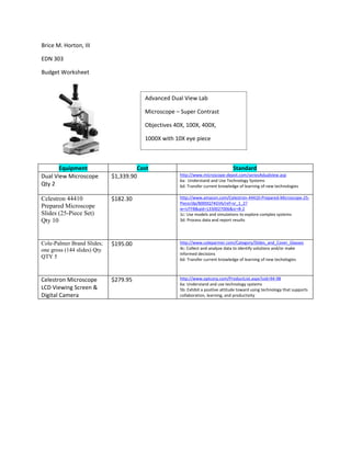 Brice M. Horton, III

EDN 303

Budget Worksheet



                                        Advanced Dual View Lab

                                        Microscope – Super Contrast

                                        Objectives 40X, 100X, 400X,

                                        1000X with 10X eye piece



       Equipment                      Cost                                       Standard
Dual View Microscope         $1,339.90               http://www.microscope-depot.com/seriesAdualview.asp
                                                     6a: Understand and Use Technology Systems
Qty 2                                                6d: Transfer current knowledge of learning of new technologies

Celestron 44410              $182.30                 http://www.amazon.com/Celestron-44410-Prepared-Microscope-25-
                                                     Piece/dp/B000Q74GV6/ref=sr_1_2?
Prepared Microscope                                  ie=UTF8&qid=1330027006&sr=8-2
Slides (25-Piece Set)                                1c: Use models and simulations to explore complex systems
Qty 10                                               3d: Process data and report results




Cole-Palmer Brand Slides;    $195.00                 http://www.coleparmer.com/Category/Slides_and_Cover_Glasses
one gross (144 slides) Qty                           4c: Collect and analyze data to identify solutions and/or make
                                                     informed decisions
QTY 5                                                6d: Transfer current knowledge of learning of new techologies



Celestron Microscope         $279.95                 http://www.optcorp.com/ProductList.aspx?uid=94-98
                                                     6a: Understand and use technology systems
LCD Viewing Screen &                                 5b: Exhibit a positive attitude toward using technology that supports
Digital Camera                                       collaboration, learning, and productivity
 