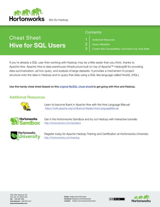 Twitter: twitter.com/hortonworksCall: 855-HADOOP-HELP
Web:qubole.com/try
We Do Hadoop	
  
	
  
	
  
	
  
	
  
Contents
Cheat Sheet
Hive for SQL Users
	
  
1 Additional Resources
2 Query, Metadata
3 Current SQL Compatibility, Command Line, Hive Shell
	
  
	
  
	
  
	
  
If you’re already a SQL user then working with Hadoop may be a little easier than you think, thanks to
Apache Hive. Apache Hive is data warehouse infrastructure built on top of Apache™ Hadoop® for providing
data summarization, ad hoc query, and analysis of large datasets. It provides a mechanism to project
structure onto the data in Hadoop and to query that data using a SQL-like language called HiveQL (HQL).
	
  
	
  
	
  
Use this handy cheat sheet (based on this original MySQL cheat sheet) to get going with Hive and Hadoop.
	
  
	
  
Additional Resources
	
  
Learn to become fluent in Apache Hive with the Hive Language Manual:
https://cwiki.apache.org/confluence/display/Hive/LanguageManual
	
  
	
  
	
  
Get in the Hortonworks Sandbox and try out Hadoop with interactive tutorials:
http://hortonworks.com/sandbox
	
  
	
  
	
  
Try out Qubole Data Service (QDS) for free:
http://www.qubole.com/try
	
  
	
  
 