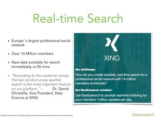Real-time Search
• 

Europe’s largest professional social
network

• 

Over 14 Million members

• 

New data available for search
immediately vs 50 mins

• 

“According to the customer survey
that we conduct every quarter,
search is the most important feature
on our platform,” Dr. Daniel
Olmedilla, Vice President, Data
Science at XING

Copyright	
  ElasBcsearch	
  2013.	
  Copying,	
  publishing	
  and/or	
  distribuBng	
  without	
  wriJen	
  permission	
  is	
  strictly	
  prohibited



 