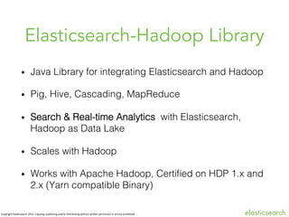 Elasticsearch-Hadoop Library
• 

Java Library for integrating Elasticsearch and Hadoop

• 

Pig, Hive, Cascading, MapReduce

• 

Search & Real-time Analytics with Elasticsearch,
Hadoop as Data Lake

• 

Scales with Hadoop

• 

Works with Apache Hadoop, Certiﬁed on HDP 1.x and
2.x (Yarn compatible Binary)

Copyright	
  ElasBcsearch	
  2013.	
  Copying,	
  publishing	
  and/or	
  distribuBng	
  without	
  wriJen	
  permission	
  is	
  strictly	
  prohibited



 