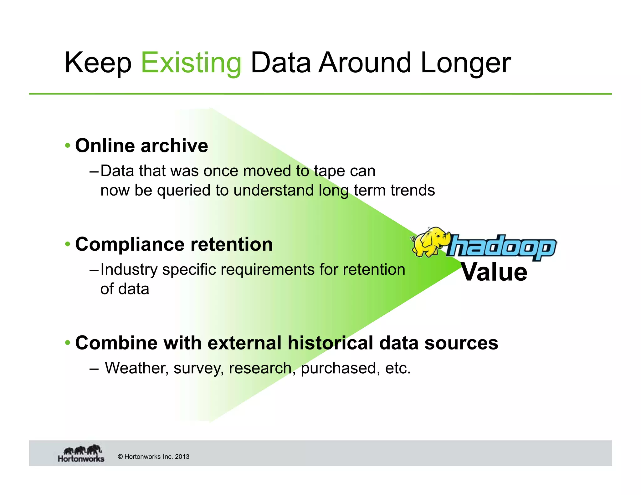 Keep Existing Data Around Longer
• Online archive
– Data that was once moved to tape can
now be queried to understand long term trends

• Compliance retention
– Industry specific requirements for retention
of data

Value

• Combine with external historical data sources
– Weather, survey, research, purchased, etc.

© Hortonworks Inc. 2013

 