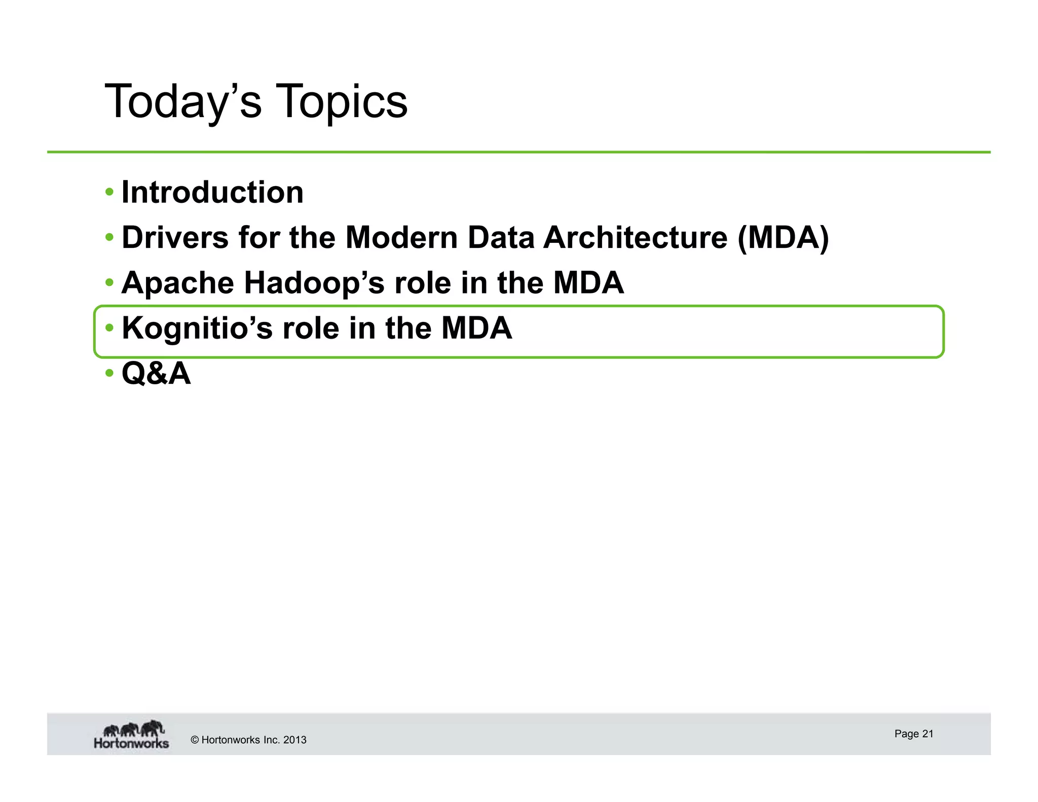 Today’s Topics
• Introduction
• Drivers for the Modern Data Architecture (MDA)
• Apache Hadoop’s role in the MDA
• Kognitio’s role in the MDA
• Q&A

© Hortonworks Inc. 2013

Page 21

 