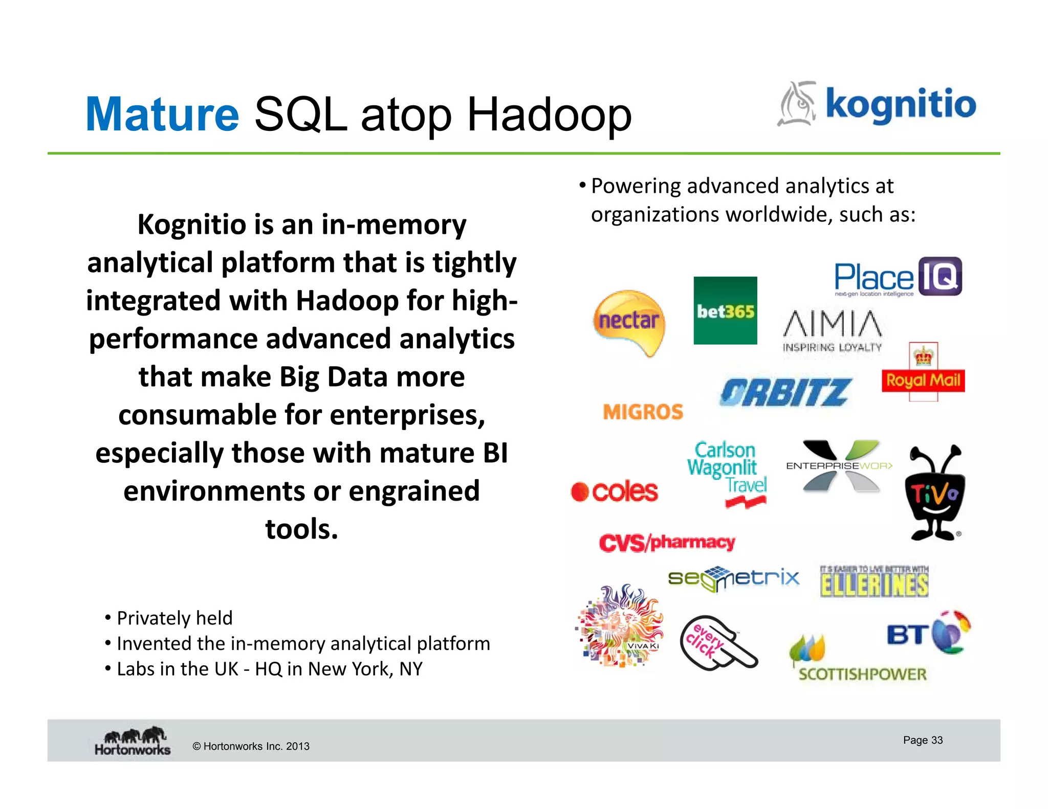 Mature SQL atop Hadoop
Kognitio is an in‐memory 
analytical platform that is tightly 
integrated with Hadoop for high‐
performance advanced analytics 
that make Big Data more 
consumable for enterprises, 
especially those with mature BI 
environments or engrained 
tools. 

• Powering advanced analytics at 
organizations worldwide, such as: 

• Privately held
• Invented the in‐memory analytical platform
• Labs in the UK ‐ HQ in New York, NY 

© Hortonworks Inc. 2013

Page 33

 