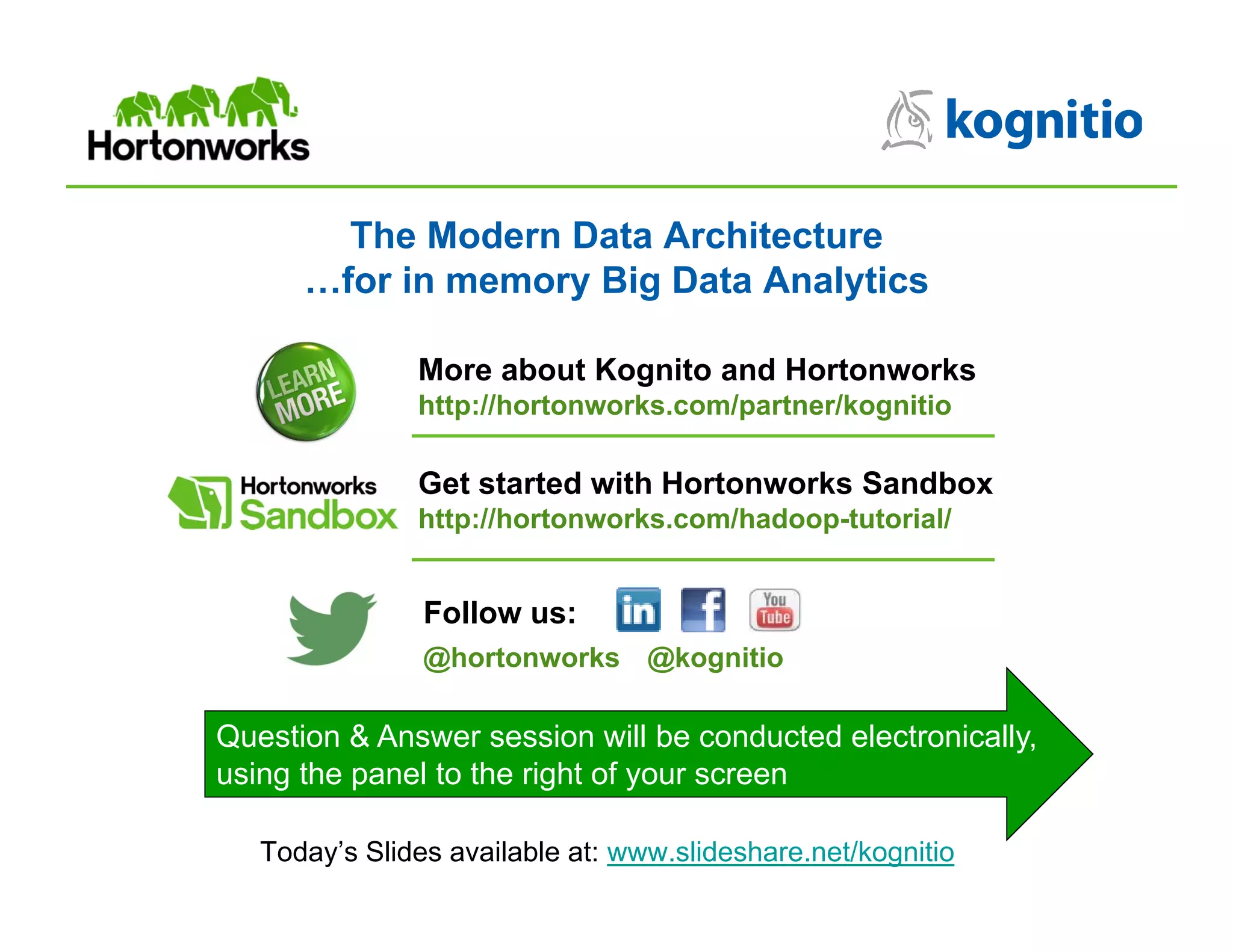 The Modern Data Architecture
…for in memory Big Data Analytics
More about Kognito and Hortonworks
http://hortonworks.com/partner/kognitio

Get started with Hortonworks Sandbox
http://hortonworks.com/hadoop-tutorial/

Follow us:
@hortonworks @kognitio

Question & Answer session will be conducted electronically,
using the panel to the right of your screen
Today’s Slides available at: www.slideshare.net/kognitio

 