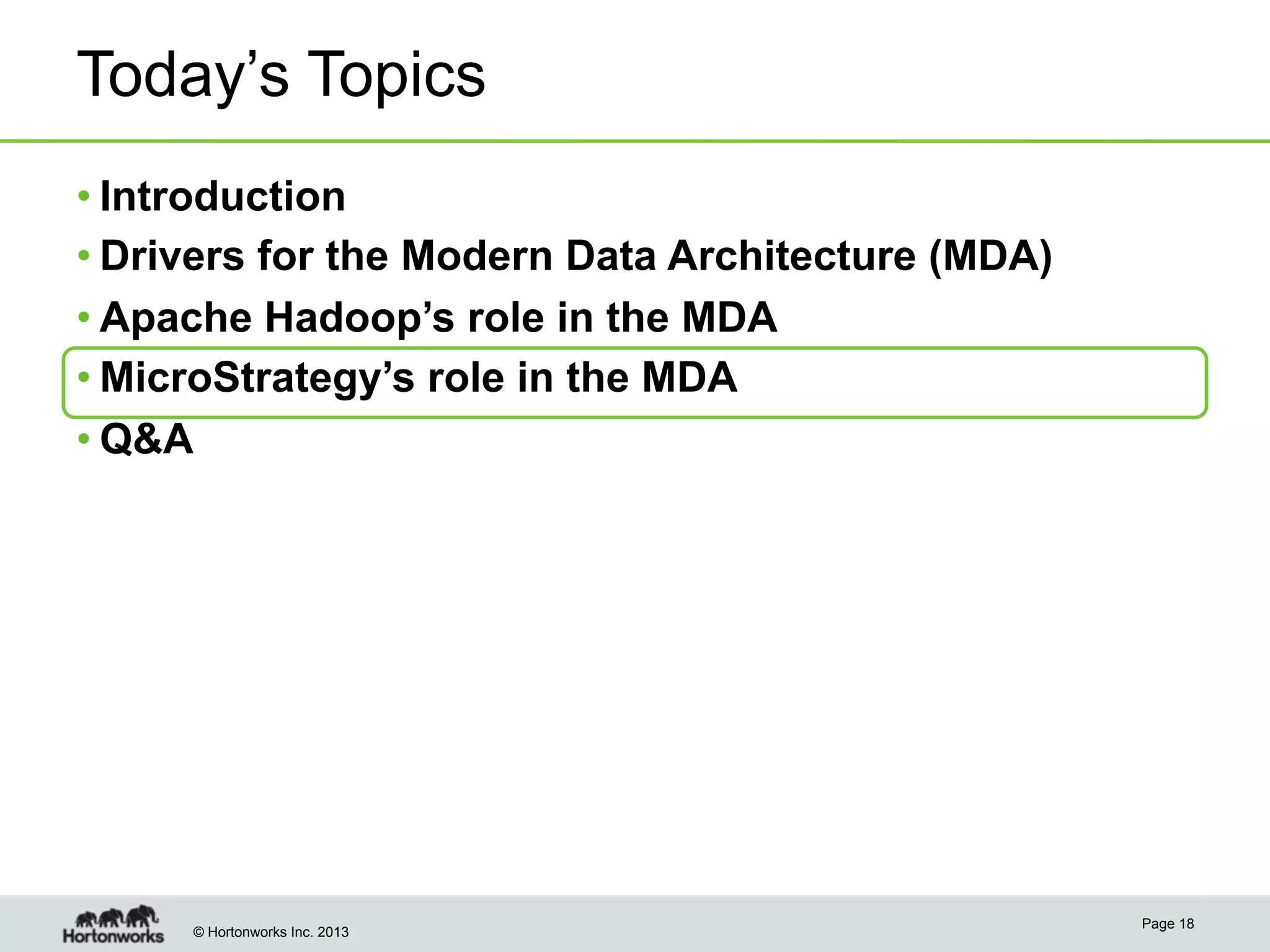 Today’s Topics
• Introduction
• Drivers for the Modern Data Architecture (MDA)
• Apache Hadoop’s role in the MDA
• MicroStrategy’s role in the MDA
• Q&A

© Hortonworks Inc. 2013

Page 18

 