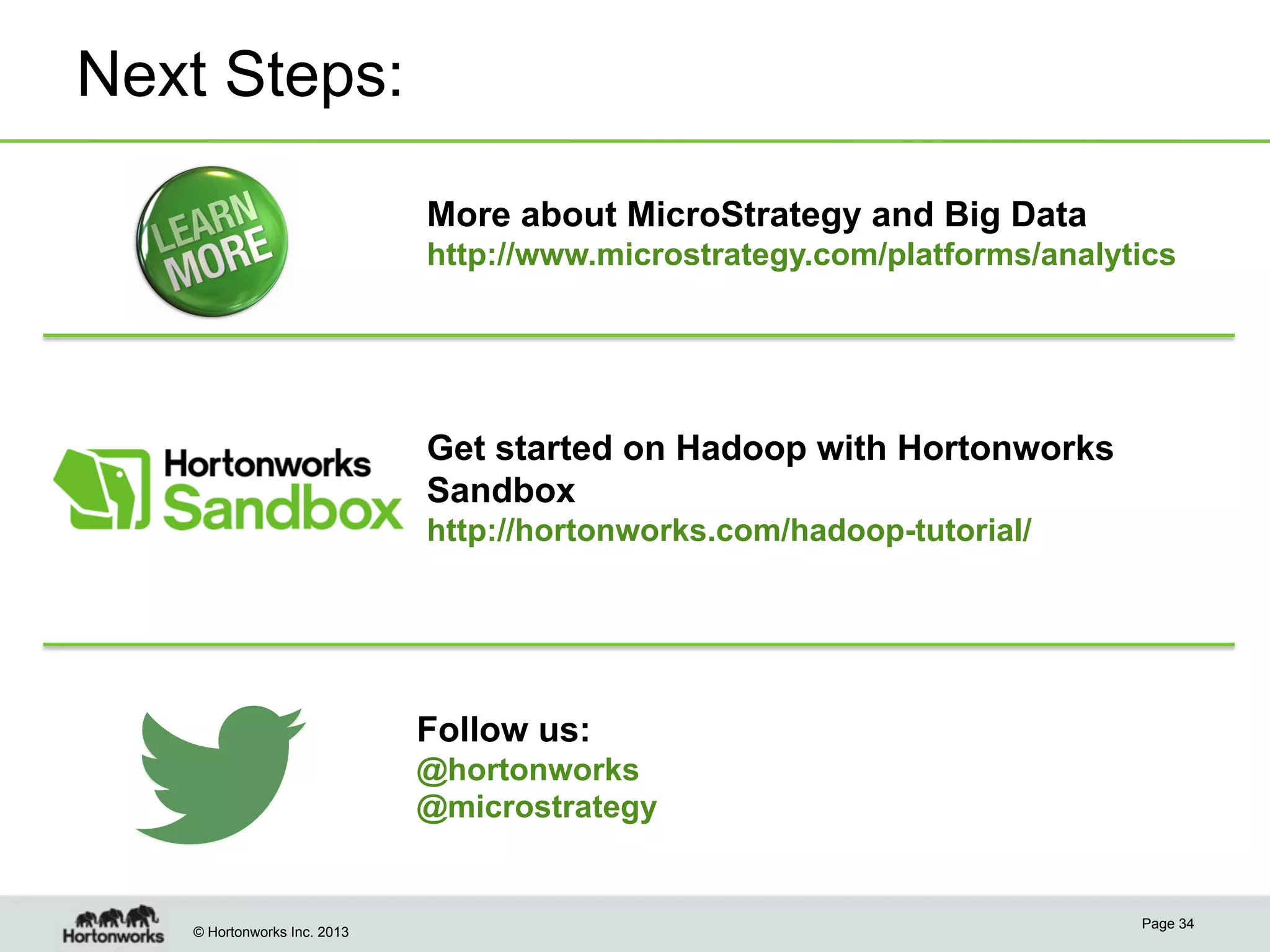Next Steps:
More about MicroStrategy and Big Data
http://www.microstrategy.com/platforms/analytics

Get started on Hadoop with Hortonworks
Sandbox
http://hortonworks.com/hadoop-tutorial/

Follow us:
@hortonworks
@microstrategy

© Hortonworks Inc. 2013

Page 34

 