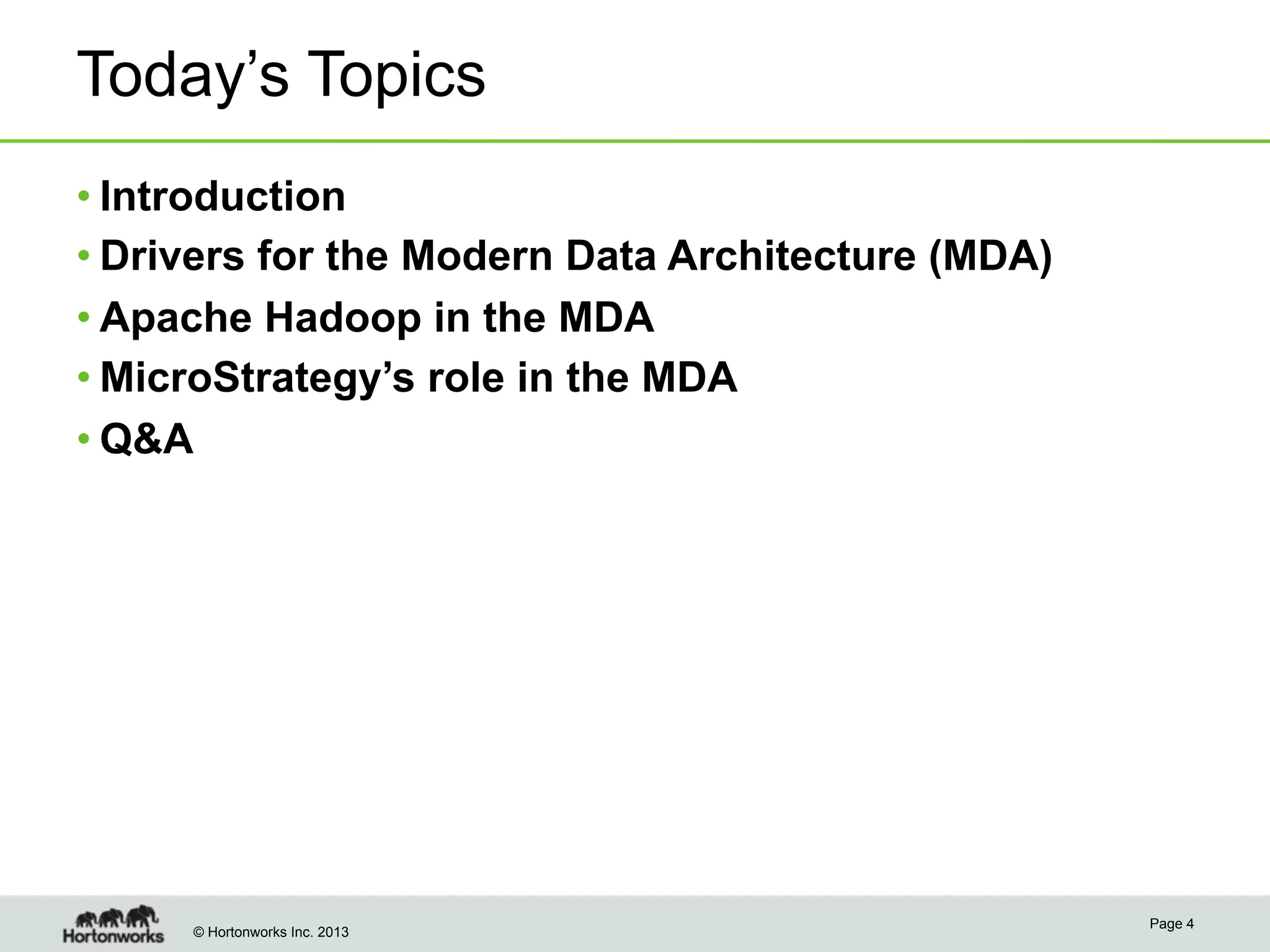 Today’s Topics
• Introduction
• Drivers for the Modern Data Architecture (MDA)
• Apache Hadoop in the MDA
• MicroStrategy’s role in the MDA
• Q&A

© Hortonworks Inc. 2013

Page 4

 