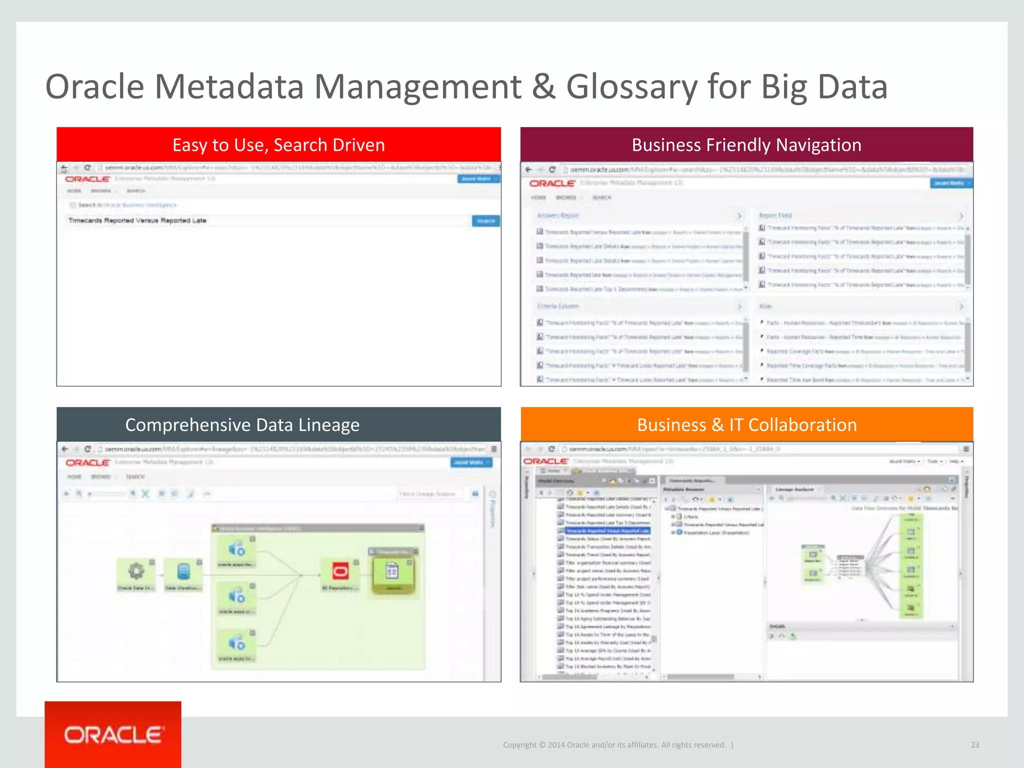 Copyright © 2014 Oracle and/or its affiliates. All rights reserved. |
Oracle Metadata Management & Glossary for Big Data
23
Comprehensive Data Lineage
Business Friendly Navigation
Business & IT Collaboration
Easy to Use, Search Driven
 