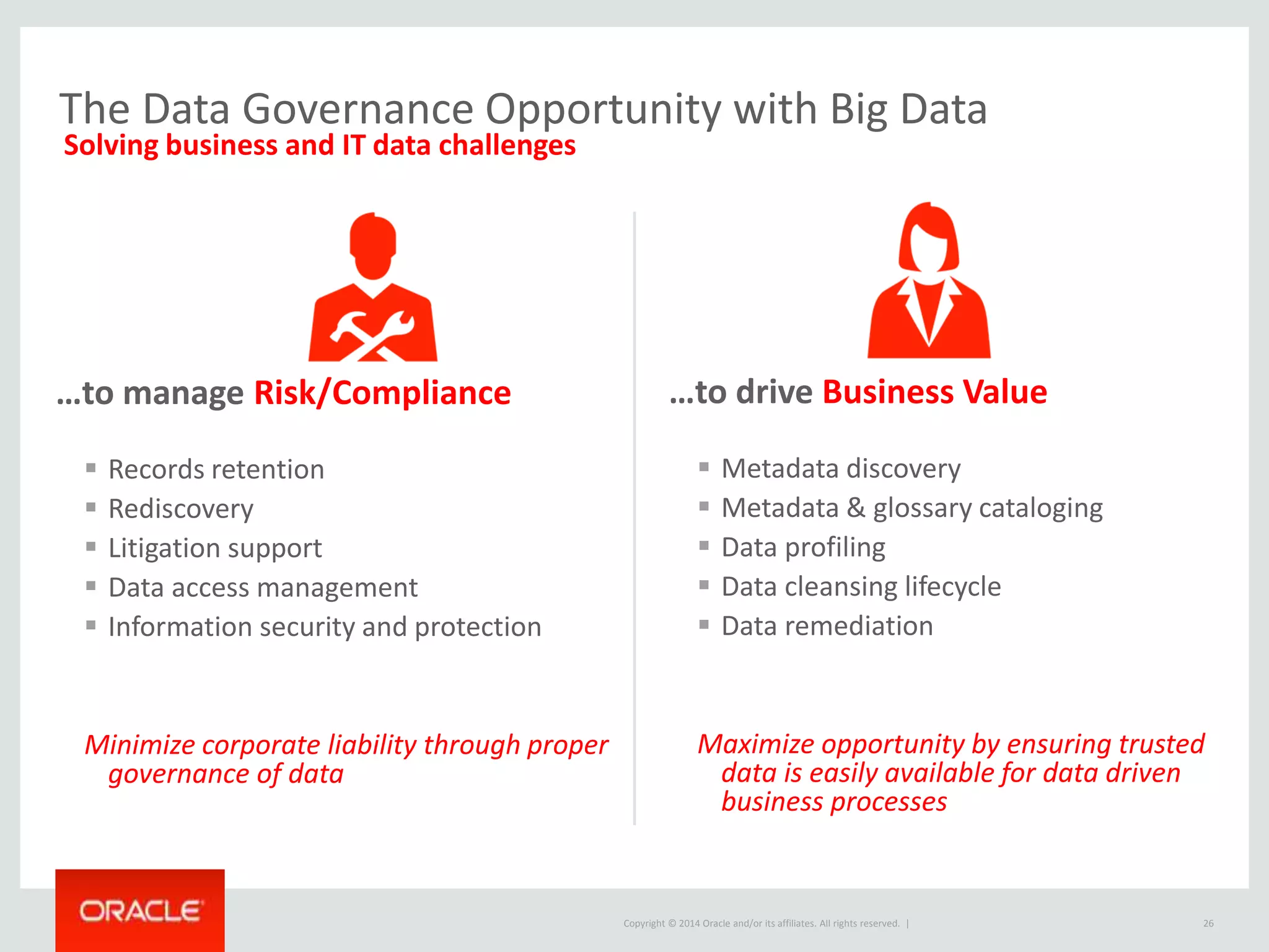 Copyright © 2014 Oracle and/or its affiliates. All rights reserved. |
…to manage Risk/Compliance
 Records retention
 Rediscovery
 Litigation support
 Data access management
 Information security and protection
Minimize corporate liability through proper
governance of data
…to drive Business Value
 Metadata discovery
 Metadata & glossary cataloging
 Data profiling
 Data cleansing lifecycle
 Data remediation
Maximize opportunity by ensuring trusted
data is easily available for data driven
business processes
26
The Data Governance Opportunity with Big Data
Solving business and IT data challenges
 