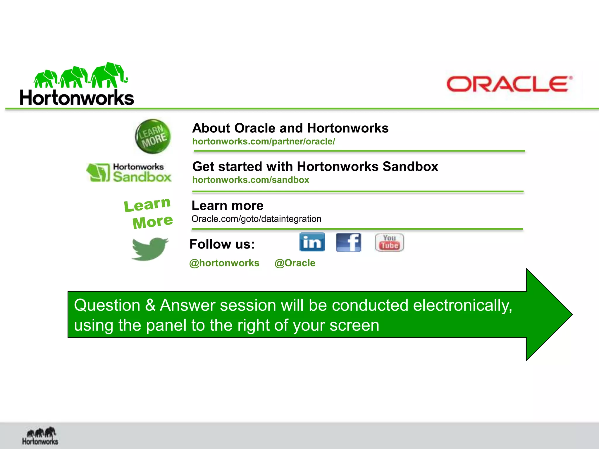 Question & Answer session will be conducted electronically,
using the panel to the right of your screen
About Oracle and Hortonworks
hortonworks.com/partner/oracle/
Get started with Hortonworks Sandbox
hortonworks.com/sandbox
Follow us:
@hortonworks @Oracle
Learn more
Oracle.com/goto/dataintegration
 