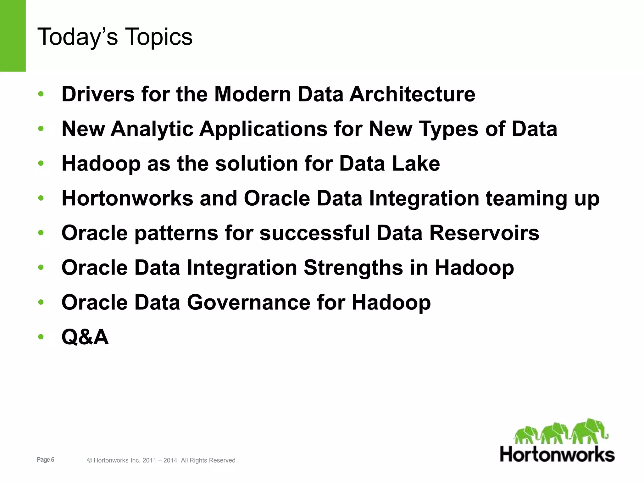 Page5 © Hortonworks Inc. 2011 – 2014. All Rights Reserved
Today’s Topics
• Drivers for the Modern Data Architecture
• New Analytic Applications for New Types of Data
• Hadoop as the solution for Data Lake
• Hortonworks and Oracle Data Integration teaming up
• Oracle patterns for successful Data Reservoirs
• Oracle Data Integration Strengths in Hadoop
• Oracle Data Governance for Hadoop
• Q&A
 