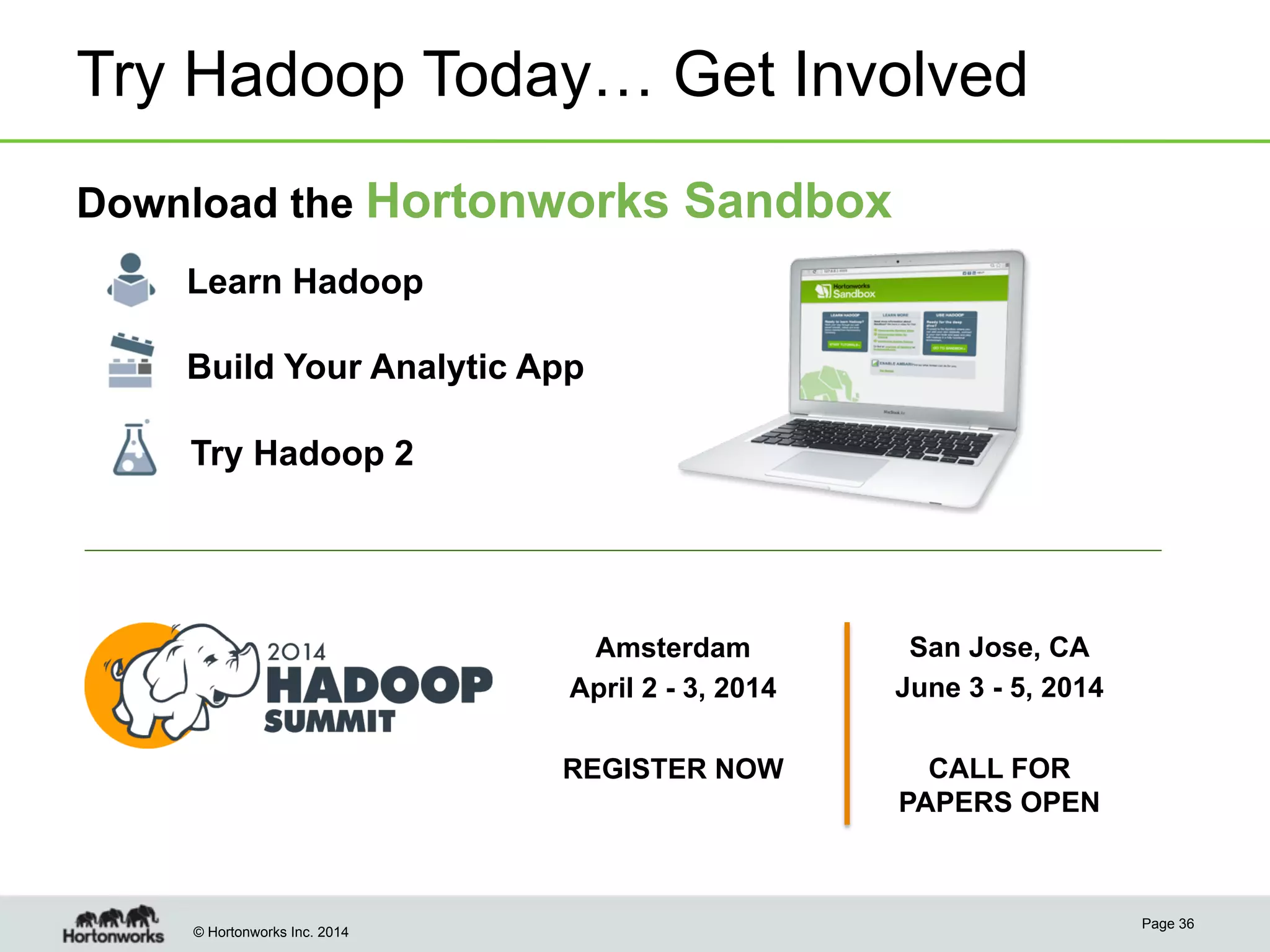 Try Hadoop Today… Get Involved
Download the Hortonworks Sandbox
Learn Hadoop
Build Your Analytic App
Try Hadoop 2

Amsterdam
April 2 - 3, 2014
REGISTER NOW

© Hortonworks Inc. 2014

San Jose, CA
June 3 - 5, 2014
CALL FOR
PAPERS OPEN

Page 36

 