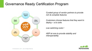 © Hortonworks Inc. 2011 – 2014. All Rights Reserved
Governance Ready Certification Program
Curated group of vendor partners to provide
rich & complete features
Customers choose features that they want to
deploy – a la carte.
Low switching costs !
HDP at core to provide stability and
interoperability
Discovery
Tagging
Prep /
Cleanse
ETL
Governance
BPM
Self
Service
Visual-
ization
 