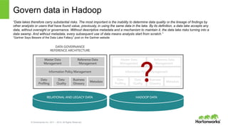© Hortonworks Inc. 2011 – 2014. All Rights Reserved
Govern data in Hadoop
“Data lakes therefore carry substantial risks. The most important is the inability to determine data quality or the lineage of findings by
other analysts or users that have found value, previously, in using the same data in the lake. By its definition, a data lake accepts any
data, without oversight or governance. Without descriptive metadata and a mechanism to maintain it, the data lake risks turning into a
data swamp. And without metadata, every subsequent use of data means analysts start from scratch.”
“Gartner Says Beware of the Data Lake Fallacy” post on the Gartner website
 