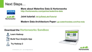 © Hortonworks Inc. 2011 – 2014. All Rights Reserved
Next Steps…
Download the Hortonworks Sandbox
Learn Hadoop
Build Your Analytic App
Try Hadoop 2
More about Waterline Data & Hortonworks
http://hortonworks.com/partner/waterline-data
Joint tutorial: bit.ly/DataLakeTutorial
Modern Data Architecture Paper: go.waterlinedata.com/hw-mda
 