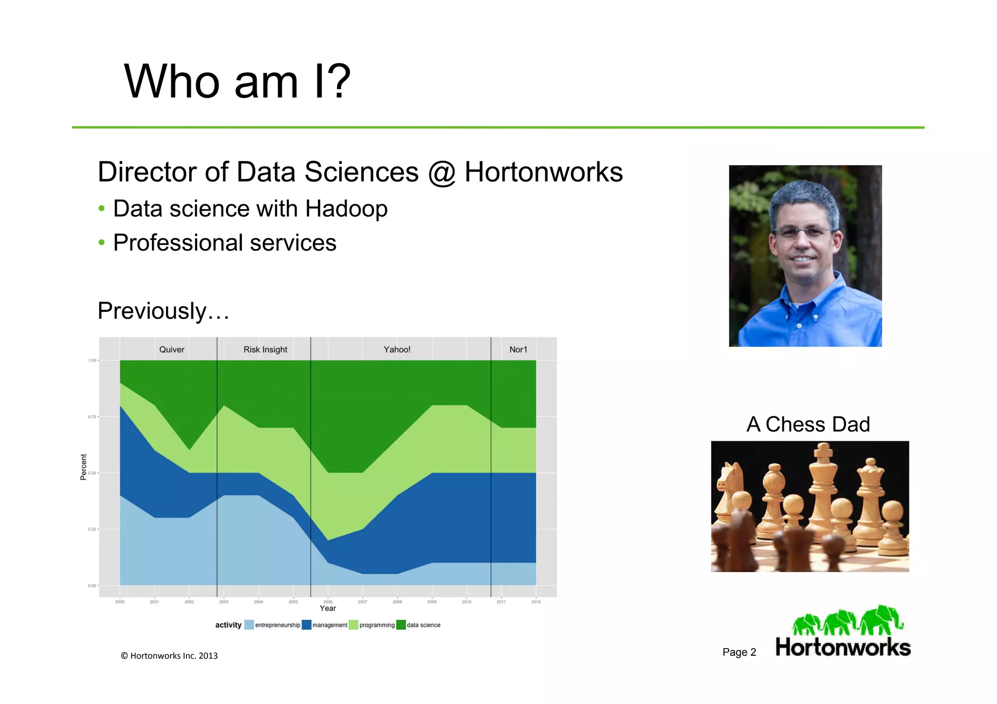 © Hortonworks Inc. 2013 Page 2
Who am I?
Director of Data Sciences @ Hortonworks
• Data science with Hadoop
• Professional services
Previously…
A Chess Dad
 
