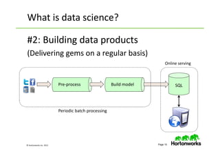© Hortonworks Inc. 2013 Page 15
What is data science?
#2: Building data products
(Delivering gems on a regular basis)
Pre-process Build model SQL
Periodic batch processing
Online serving
 
