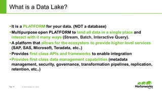 Page   14 ©  Hortonworks  Inc.  2014
What  is  a  Data  Lake?
§It  is  a  PLATFORM  for  your  data.  (NOT  a  database)
§Multipurpose  open  PLATFORM  to  land  all  data  in  a  single  place  and  
interact  with  it  many  ways  (Stream,  Batch,  Interactive  Query).
§A  platform  that  allows  for  the  ecosystem  to  provide  higher  level  services  
(SAP,  SAS,  Microsoft,  Teradata,  etc..)
§Provides  first  class  APIs  and  frameworks  to  enable  integration
§Provides  first  class  data  management  capabilities  (metadata  
management,  security,  governance,  transformation  pipelines,  replication,  
retention,  etc..)
Page   14
 