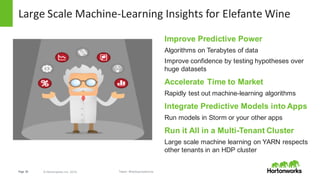 Page   26 ©  Hortonworks  Inc.  2014
Large	
  Scale	
  Machine-­‐Learning	
  Insights	
  for	
  Elefante Wine
Improve  Predictive  Power
Algorithms  on  Terabytes  of  data
Improve  confidence  by  testing  hypotheses  over  
huge  datasets
Accelerate  Time  to  Market
Rapidly  test  out  machine-­learning  algorithms
Integrate  Predictive  Models  into  Apps
Run  models  in  Storm  or  your  other  apps
Run  it  All  in  a  Multi-­Tenant  Cluster
Large  scale  machine  learning  on  YARN  respects  
other  tenants  in  an  HDP  cluster
Tweet:  #hadooproadshow
 