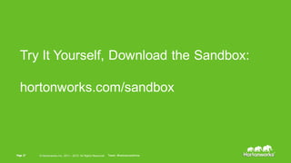 Page   27 ©  Hortonworks  Inc.  2014Page   27 ©  Hortonworks  Inc.  2011  – 2015.  All  Rights  Reserved Tweet:  #hadooproadshow
Try  It  Yourself,  Download  the  Sandbox:
hortonworks.com/sandbox
Tweet:  #hadooproadshow
 