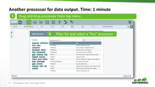 17 © Hortonworks Inc. 2011 – 2016. All Rights Reserved
Another processor for data output. Time: 1 minute
5
6 Filter for and select a “Put” processor
Drag and drop processor from top menu
 
