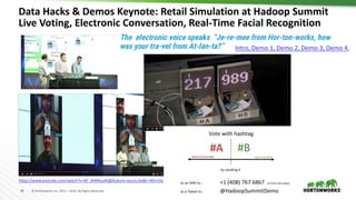 38 © Hortonworks Inc. 2011 – 2016. All Rights Reserved
Data Hacks & Demos Keynote: Retail Simulation at Hadoop Summit
Live Voting, Electronic Conversation, Real-Time Facial Recognition
Intro, Demo 1, Demo 2, Demo 3, Demo 4.
https://www.youtube.com/watch?v=BY_0HB9uyXQ&feature=youtu.be&t=49m10s
 