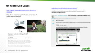 41 © Hortonworks Inc. 2011 – 2016. All Rights Reserved
Yet More Use Cases
https://twitter.com/4everfusiongal/status/7351585225
39855872
https://www.linkedin.com/pulse/making-rain-apache-nifi-
jeremy-dyer?trk=prof-post
www.linkedin.com/hp/update/6138493082129149952
https://community.hortonworks.com/articles/30636/how-to-simulate-a-
sales-executive-with-hdf.html
 