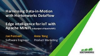 1 © Hortonworks Inc. 2011 – 2016. All Rights Reserved
Harnessing Data-in-Motion
with Hortonworks DataFlow
Edge intelligence for IoT with
Apache MiNiFi (subproject of Apache NiFi)
Joe Percivall
Software Engineer
Anna Yong
Product Marketing
 
