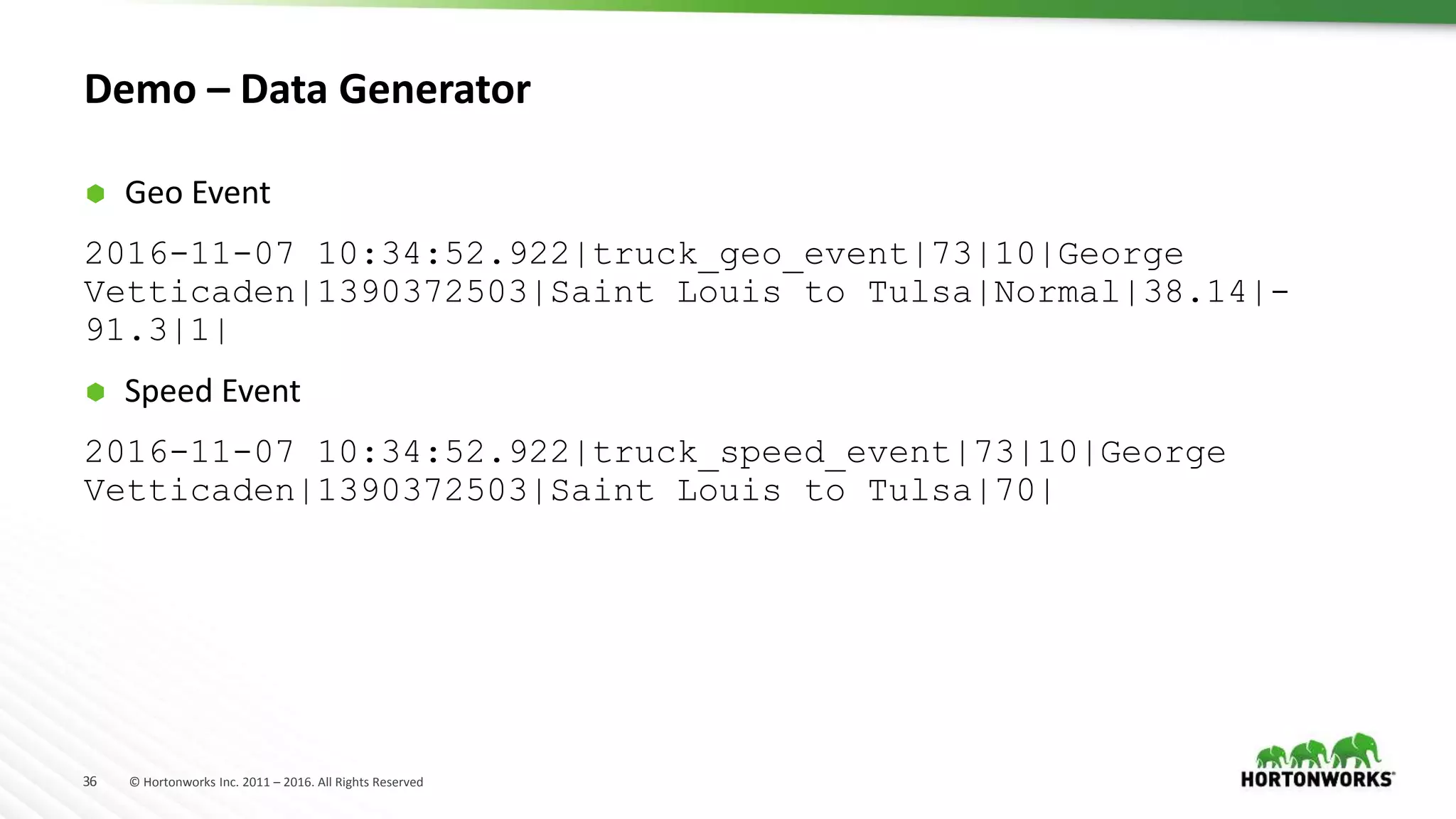 36 © Hortonworks Inc. 2011 – 2016. All Rights Reserved
Demo – Data Generator
 Geo Event
2016-11-07 10:34:52.922|truck_geo_event|73|10|George
Vetticaden|1390372503|Saint Louis to Tulsa|Normal|38.14|-
91.3|1|
 Speed Event
2016-11-07 10:34:52.922|truck_speed_event|73|10|George
Vetticaden|1390372503|Saint Louis to Tulsa|70|
 