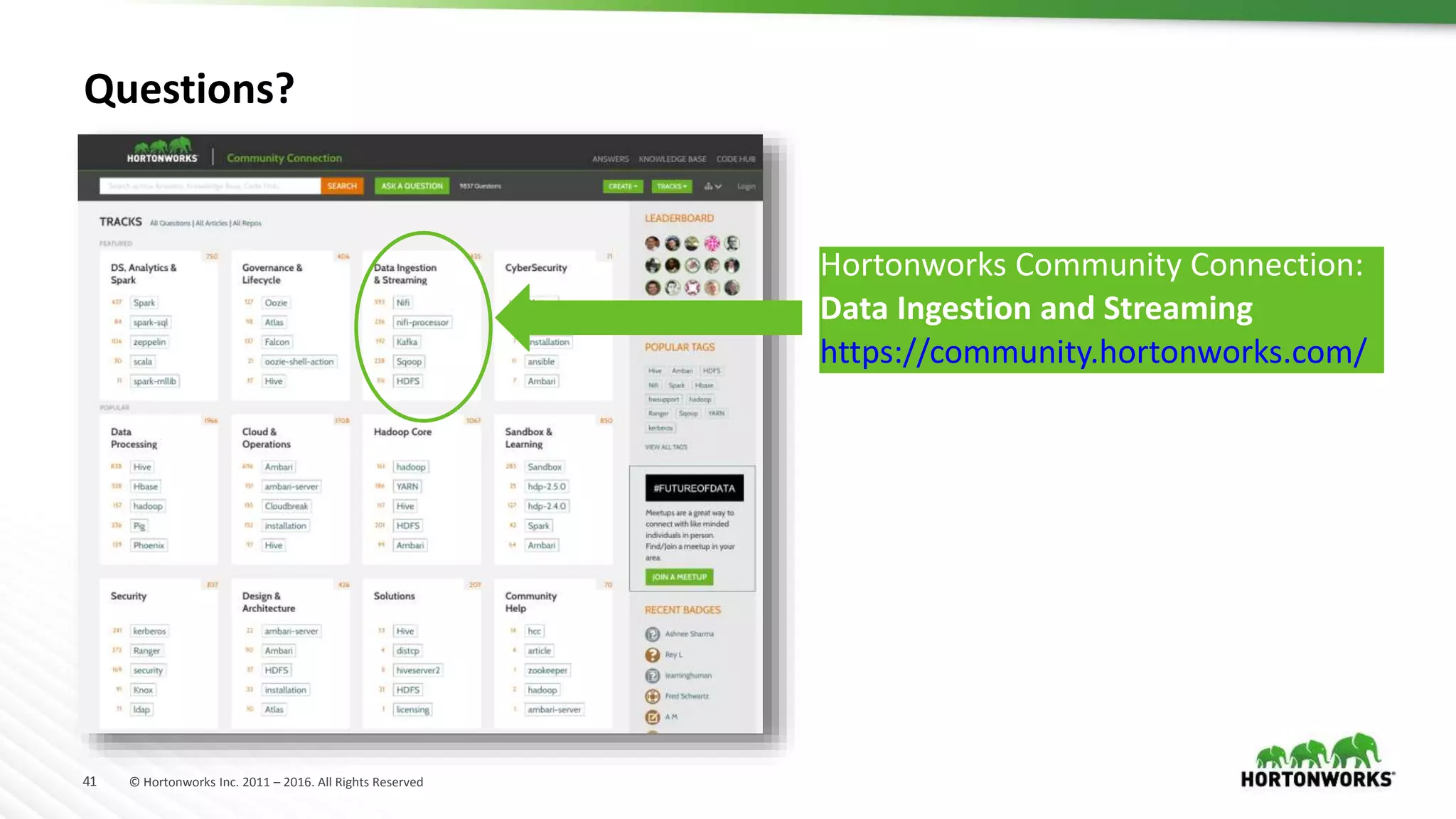 41 © Hortonworks Inc. 2011 – 2016. All Rights Reserved
Questions?
Hortonworks Community Connection:
Data Ingestion and Streaming
https://community.hortonworks.com/
 