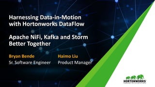 1 © Hortonworks Inc. 2011 – 2016. All Rights Reserved
Harnessing Data-in-Motion
with Hortonworks DataFlow
Apache NiFi, Kafka and Storm
Better Together
Bryan Bende
Sr. Software Engineer
Haimo Liu
Product Manager
 
