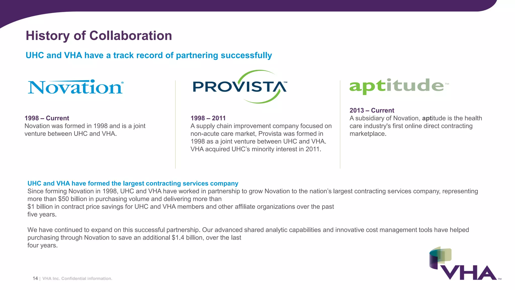 VHA Inc. Confidential information.
UHC and VHA have a track record of partnering successfully
History of Collaboration
14 |
1998 – Current
Novation was formed in 1998 and is a joint
venture between UHC and VHA.
1998 – 2011
A supply chain improvement company focused on
non-acute care market, Provista was formed in
1998 as a joint venture between UHC and VHA.
VHA acquired UHC’s minority interest in 2011.
2013 – Current
A subsidiary of Novation, aptitude is the health
care industry's first online direct contracting
marketplace.
UHC and VHA have formed the largest contracting services company
Since forming Novation in 1998, UHC and VHA have worked in partnership to grow Novation to the nation’s largest contracting services company, representing
more than $50 billion in purchasing volume and delivering more than
$1 billion in contract price savings for UHC and VHA members and other affiliate organizations over the past
five years.
We have continued to expand on this successful partnership. Our advanced shared analytic capabilities and innovative cost management tools have helped
purchasing through Novation to save an additional $1.4 billion, over the last
four years.
 