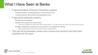 Page6 © Hortonworks Inc. 2011 – 2015. All Rights Reserved
• Fragmented Book of Record Transaction systems
– Lending systems along geographic and business lines
– Trading systems along desk and geographic lines
• Fragmented enterprise systems
– Multiple general ledgers
– Multiple risk systems by risk function
• Credit limit management, traded credit, Basel capital systems, CVA, Market Risk VaR, Stress VaR, Market Risk reporting…
– Multiple compliance systems by business line by compliance initiative
• AML for Retail, AML for Commercial Lending, AML for Capital Markets…
• They are full of proprietary vendor and in-house built solutions that have been
acquired over the years
What I Have Seen at Banks
 