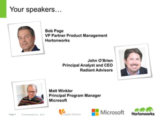 Page 2 © Hortonworks Inc. 2014
Your speakers…
John O’Brien
Principal Analyst and CEO
Radiant Advisors
Bob Page
VP Partner Product Management
Hortonworks
Matt Winkler
Principal Program Manager
Microsoft
 