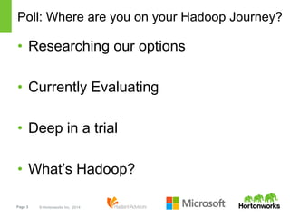 Page 3 © Hortonworks Inc. 2014
Poll: Where are you on your Hadoop Journey?
•  Researching our options
•  Currently Evaluating
•  Deep in a trial
•  What’s Hadoop?
 
