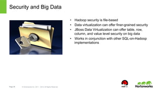 Security and Big Data 
Page 28 © Hortonworks Inc. 2011 – 2014. All Rights Reserved 
• Hadoop security is file-based 
• Data virtualization can offer finer-grained security 
• JBoss Data Virtualization can offer table, row, 
column, and value level security on big data 
• Works in conjunction with other SQL-on-Hadoop 
implementations 
 