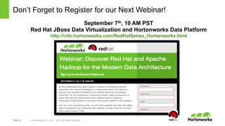 Don’t Forget to Register for our Next Webinar! 
Page 33 © Hortonworks Inc. 2011 – 2014. All Rights Reserved 
September 7th, 10 AM PST 
Red Hat JBoss Data Virtualization and Hortonworks Data Platform 
http://info.hortonworks.com/RedHatSeries_Hortonworks.html 
