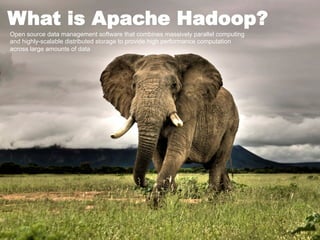 What is Apache Hadoop?
Open source data management software that combines massively parallel computing
and highly-scalable distributed storage to provide high performance computation
across large amounts of data




                                                                                  Page 16
  © Hortonworks Inc. 2012
 
