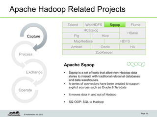 Apache Hadoop Related Projects
                                   Talend       WebHDFS             Sqoop          Flume
                                              HCatalog
                                                                                 HBase
       Capture                         Pig                   Hive
                                       MapReduce                            HDFS
                                    Ambari                  Oozie                  HA
                                                        ZooKeeper
  Process

                              Apache Sqoop
      Exchange                •    Sqoop is a set of tools that allow non-Hadoop data
                                   stores to interact with traditional relational databases
                                   and data warehouses.
                              •    A series of connectors have been created to support
                                   explicit sources such as Oracle & Teradata
  Operate
                              •    It moves data in and out of Hadoop

                              •    SQ-OOP: SQL to Hadoop


                                                                                              Page 24
    © Hortonworks Inc. 2012
 