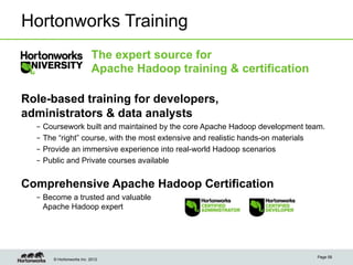 Hortonworks Training
                         The expert source for
                         Apache Hadoop training & certification

Role-based training for developers,
administrators & data analysts
  –  Coursework built and maintained by the core Apache Hadoop development team.
  –  The “right” course, with the most extensive and realistic hands-on materials
  –  Provide an immersive experience into real-world Hadoop scenarios
  –  Public and Private courses available


Comprehensive Apache Hadoop Certification
  –  Become a trusted and valuable
     Apache Hadoop expert




                                                                              Page 58
      © Hortonworks Inc. 2012
 