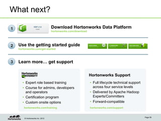 What next?

1                                 Download Hortonworks Data Platform
                                  hortonworks.com/download




2   Use the getting started guide
    hortonworks.com/get-started



3   Learn more… get support

                                                             Hortonworks Support
       •  Expert role based training                         •  Full lifecycle technical support
       •  Course for admins, developers                         across four service levels
          and operators                                      •  Delivered by Apache Hadoop
       •  Certification program                                 Experts/Committers
       •  Custom onsite options                              •  Forward-compatible
        hortonworks.com/training                             hortonworks.com/support


                                                                                                   Page 59
        © Hortonworks Inc. 2012
 