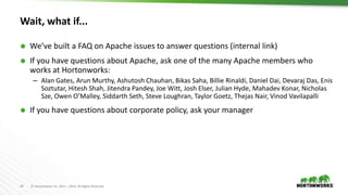 14 © Hortonworks Inc. 2011 – 2016. All Rights Reserved
Wait, what if...
 We’ve built a FAQ on Apache issues to answer questions (internal link)
 If you have questions about Apache, ask one of the many Apache members who
works at Hortonworks:
– Alan Gates, Arun Murthy, Ashutosh Chauhan, Bikas Saha, Billie Rinaldi, Daniel Dai, Devaraj Das, Enis
Soztutar, Hitesh Shah, Jitendra Pandey, Joe Witt, Josh Elser, Julian Hyde, Mahadev Konar, Nicholas
Sze, Owen O’Malley, Siddarth Seth, Steve Loughran, Taylor Goetz, Thejas Nair, Vinod Vavilapalli
 If you have questions about corporate policy, ask your manager
 