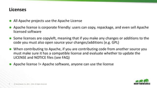 7 © Hortonworks Inc. 2011 – 2016. All Rights Reserved
Licenses
 All Apache projects use the Apache License
 Apache license is corporate friendly: users can copy, repackage, and even sell Apache
licensed software
 Some licenses are copyleft, meaning that if you make any changes or additions to the
code you must also open source your changes/additions (e.g. GPL)
 When contributing to Apache, if you are contributing code from another source you
must make sure it has a compatible license and evaluate whether to update the
LICENSE and NOTICE files (see FAQ)
 Apache license != Apache software, anyone can use the license
 