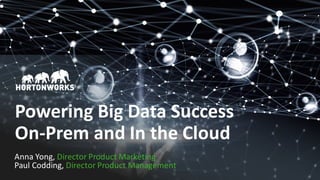 1 ©	Hortonworks	Inc.	2011	–2017.	All	Rights	Reserved1 ©	Hortonworks	Inc.	2011	–2017.	All	Rights	Reserved
Powering	Big	Data	Success	
On-Prem and	In	the	Cloud
Anna	Yong,	Director	Product	Marketing
Paul	Codding,	Director	Product	Management
 