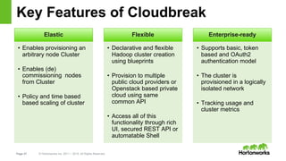 Page 27 © Hortonworks Inc. 2011 – 2015. All Rights Reserved
Key Features of Cloudbreak
Elastic
• Enables provisioning an
a...