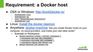 Requirement: a Docker host
● OSX or Windows: http://boot2docker.io/
○ boot2docker init
○ boot2docker up
○ eval "$(boot2doc...