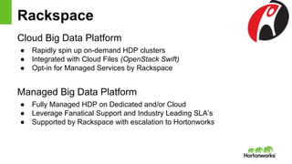 Rackspace
Cloud Big Data Platform
● Rapidly spin up on-demand HDP clusters
● Integrated with Cloud Files (OpenStack Swift)...